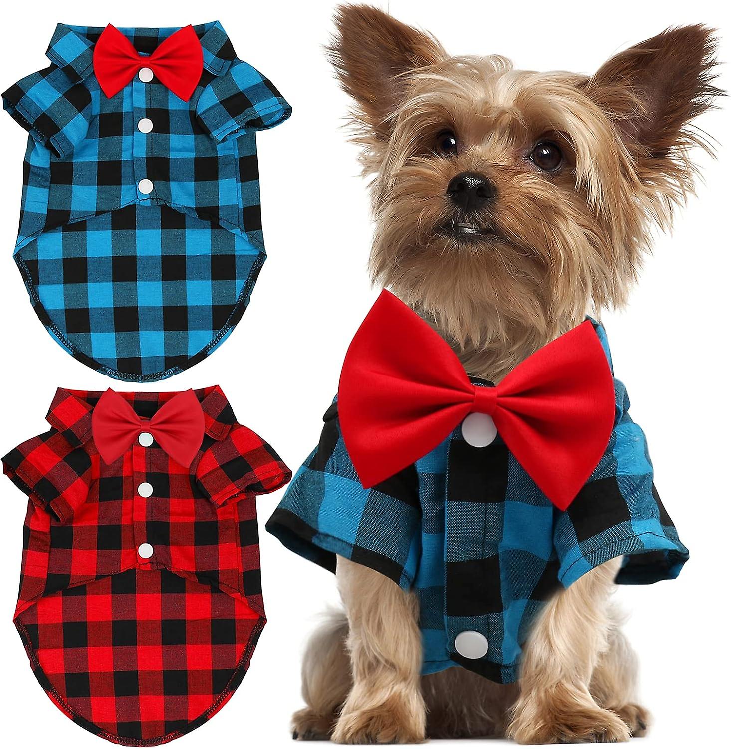 2 Packs Plaid Dog Shirt - Cute Boy Dog Clothes And Bow Tie Combo Dog Outfit For Medium Large Dogs Birthday Party And Holiday Photos -small Sizes