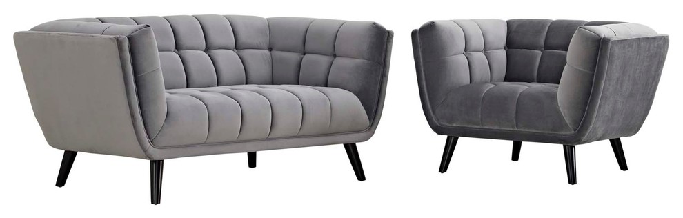 Bestow 2 Piece Velvet Loveseat and Armchair Set  Gray   Midcentury   Living Room Furniture Sets   by BisonOffice  Houzz