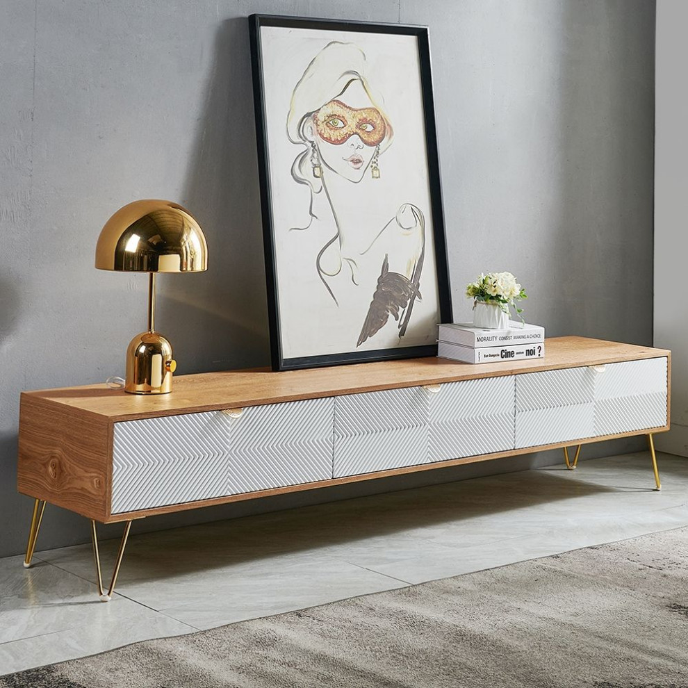 Modern Nordic Wooden TV Stand Fluted Design White  ampGold with 3 Drawer   Midcentury   Entertainment Centers And Tv Stands   by Homary International Limited  Houzz