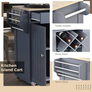 Runesay Gray Blue Kitchen Island Cart with 2 Storage Cabinets and 4 Locking Wheels 2-Drawers Wine Spice Rack Towel Rack EC-KIGB-9133