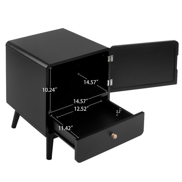 Black Nightstand， Bedside Table with Storage Drawe Rattan Door