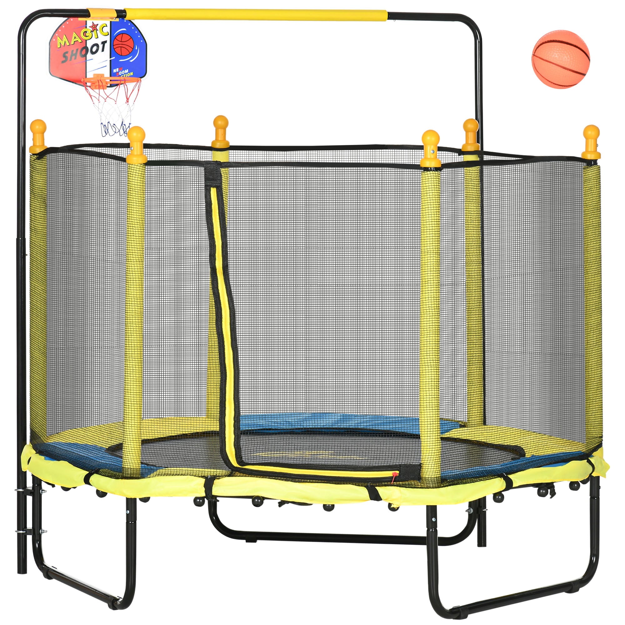 Qaba 4.6' Kids Trampoline with Basketball Hoop， Horizontal Bar， 55 Indoor Trampoline with Net， Small Springfree Trampoline Gifts for Kids Toys， Ages 1-10， Yellow