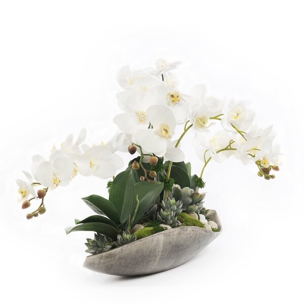 Cream White Real Touch Phalaenopsis Orchids in Large Metal Tray