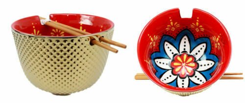 1 Set of 2 Luxury Gold Plated Ramen Noodle Bowls W/ Chopsticks Red Lotus Blossom EBR02