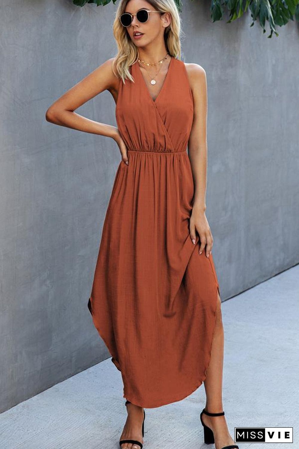 V Neck High Waist Sleeveless Maxi Dress