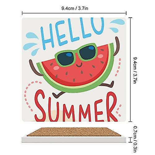 Colourlife Square Drink Coasters 2 Pcs Funny Fruits Hello Summer Watermelon Absorbent Ceramic Coffee Coasters For Drinks With Cork Base Housewarming G