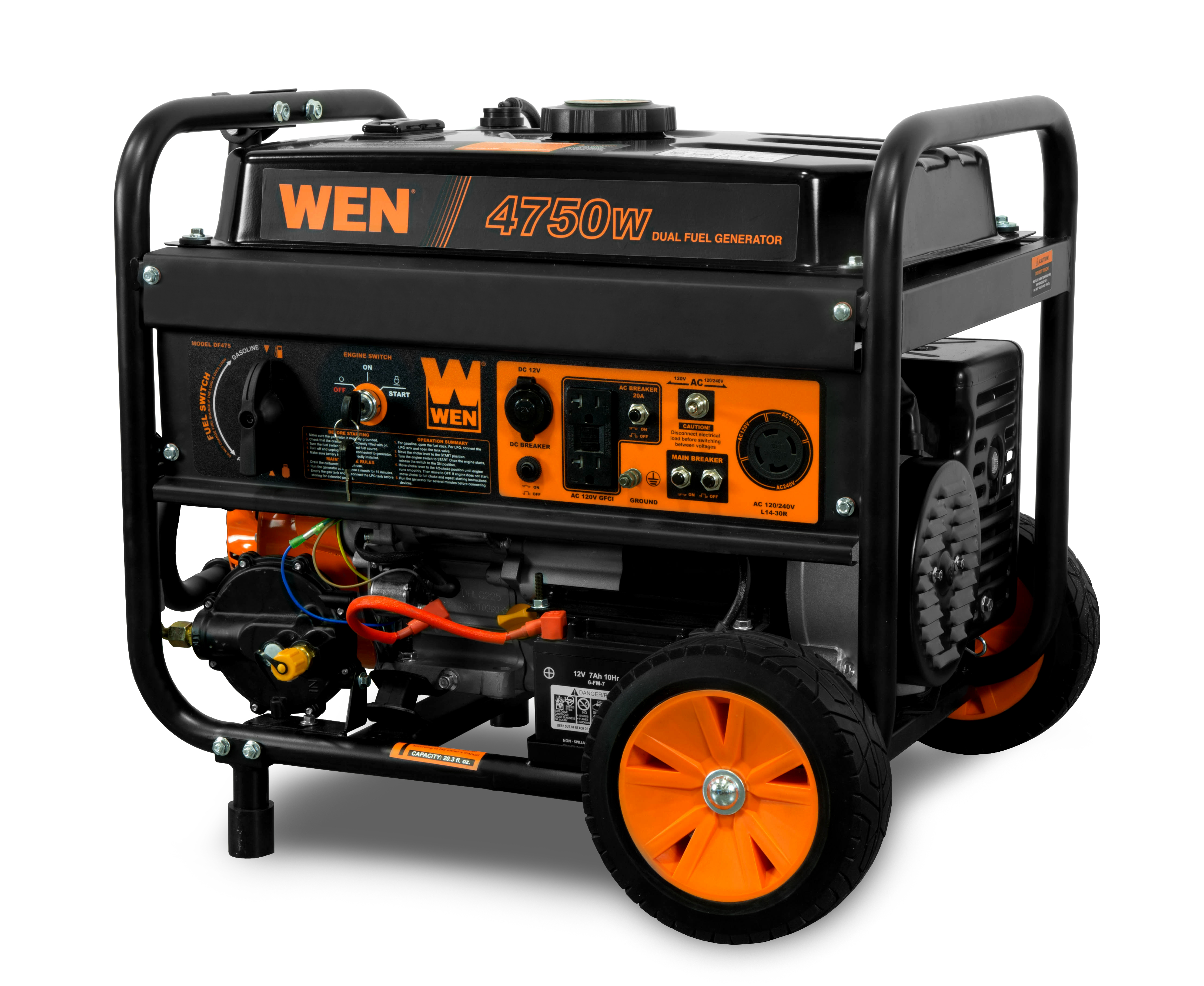 WEN 4，750/3，800-Watt 120-Volt/240-Volt Dual Fuel Gasoline and Propane Powered Electric Start Portable Generator w/ Wheel Kit