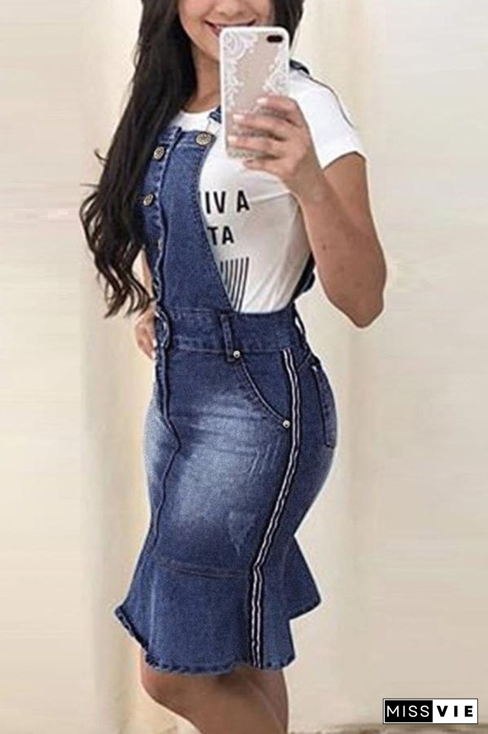 Slim-fit Buttocks Denim Suspender Dress P14863