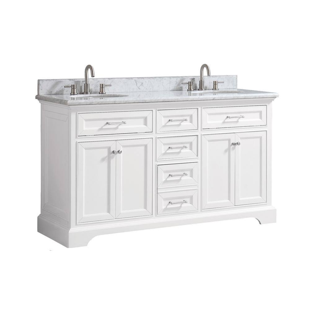 Home Decorators Collection Windlowe 61 in. W x 22 in. D x 35 in. H Freestanding Bath Vanity in White with Carrara White Marble Marble Top 15101-VS61C-WT