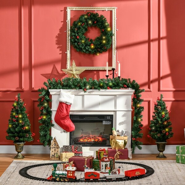 Prelit 4Piece Holiday Christmas Set: 2 Entrance Trees，Garland and Wreath with Warm White LED Lights