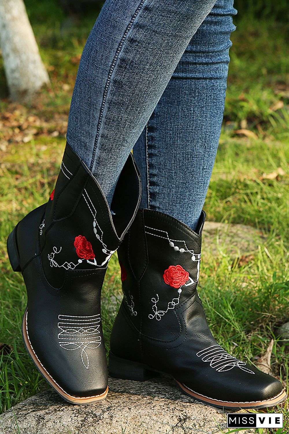 Graphic Chunky Western Boots Women Wholesale