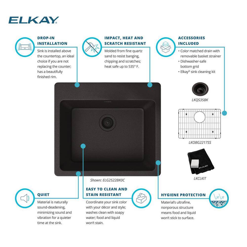 Elkay Quartz Classic Black Quartz 25 in. Single Bowl Drop-In Kitchen Sink with Bottom Grid and Drain ELG2522BK0C