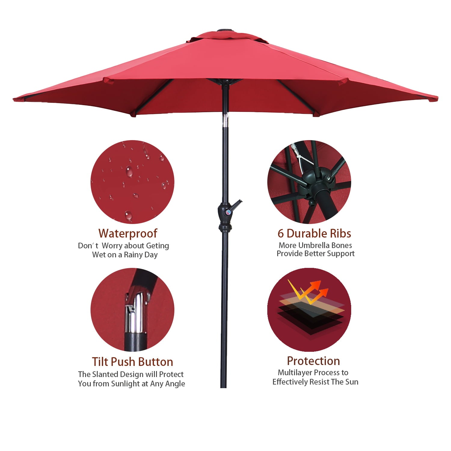 Ainfox 7.5ft Patio Umbrella Outdoor Portable Table Market Umbrella with Push Button Tilt/Crank Waterproof UV-proof, Wine Red