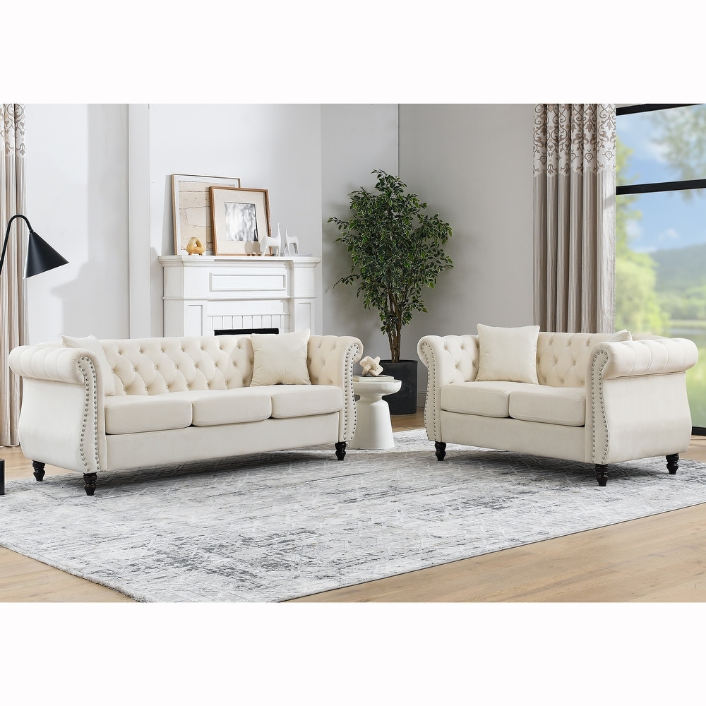 Velvet Chesterfield Sofa Set with Nailhead Trim and Tufted Low Back (Includes Pillows  3 Seater + Loveseat)