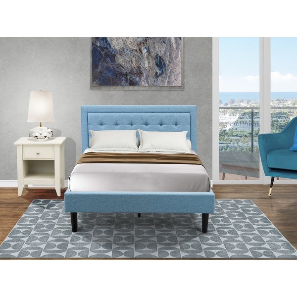 Platform Bedroom Set with Full Bed Frame and a Wooden Night Stand - Denim Blue Linen Fabric - - 33887396