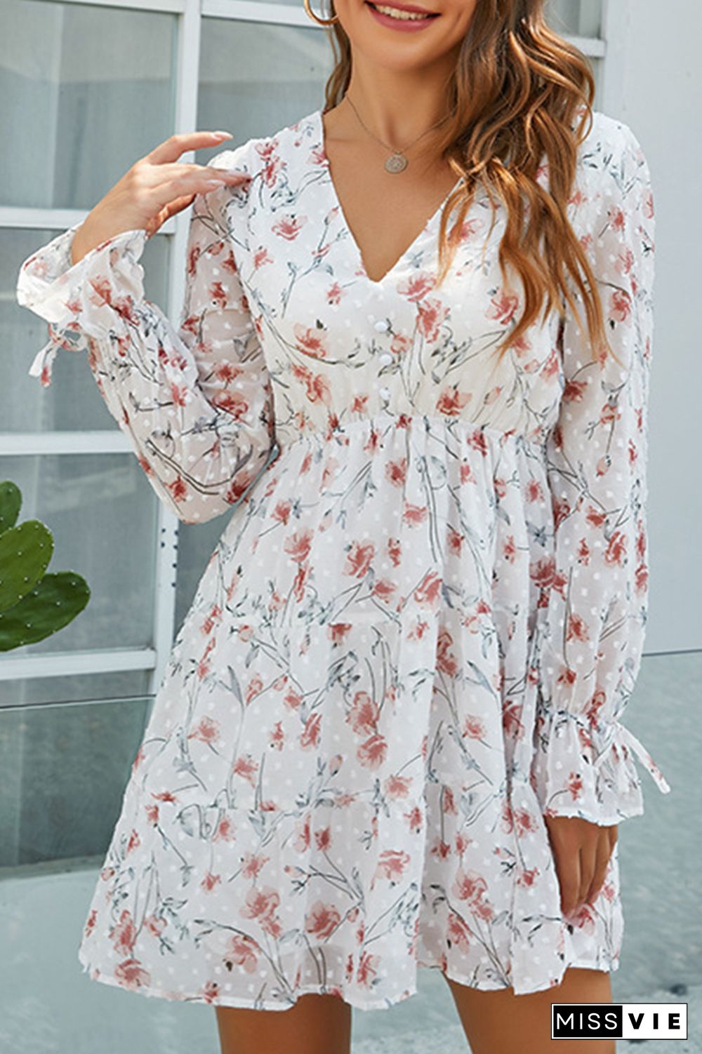 Floral Print Pleat V-neck Long Sleeve Dress Women Wholesale