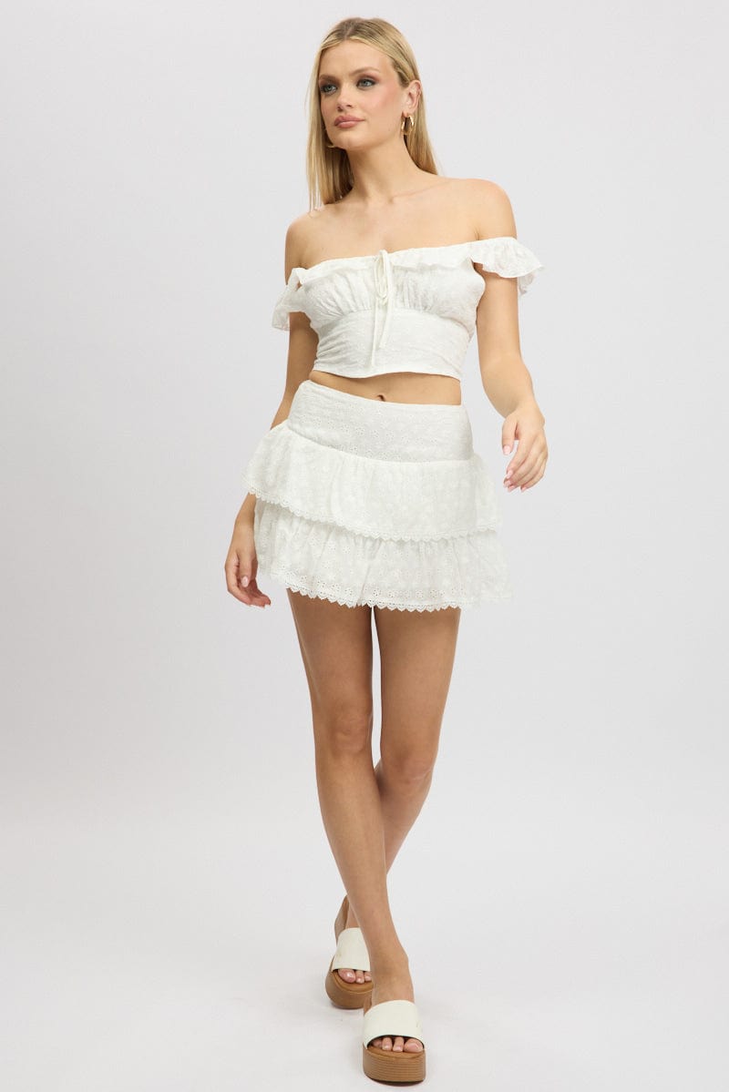 White Mini Skirt High Rise Shirred Waist Broidery Eyelet