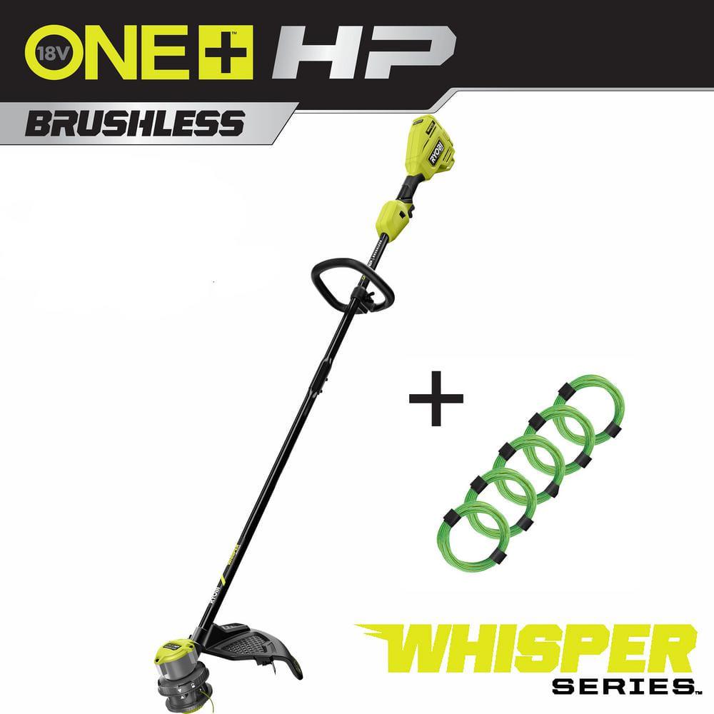 RYOBI ONE HP 18V Brushless Whisper Series Cordless Battery String Trimmer w Extra 5Pack PreCut Spiral Line