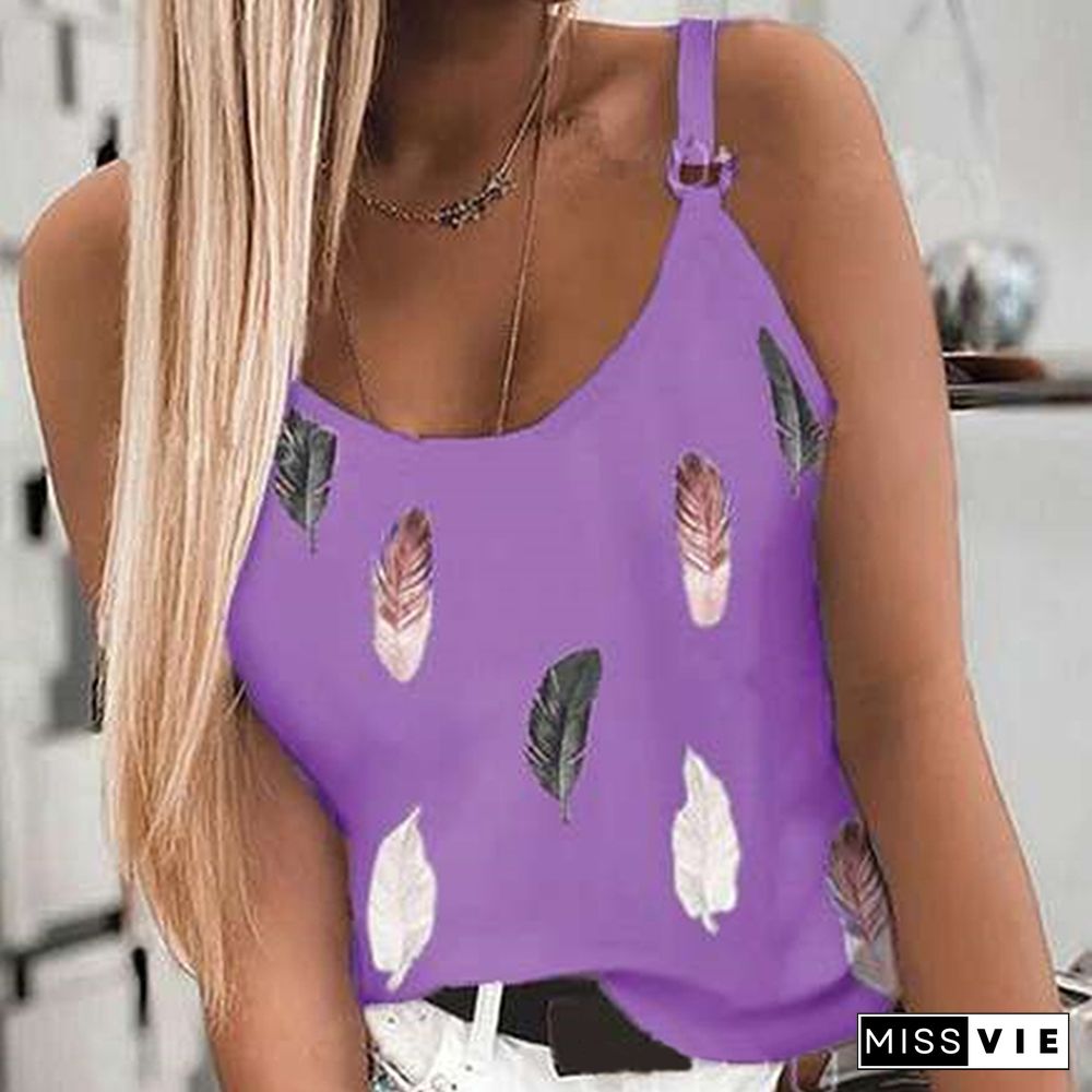 Plumage Printed Womens Tank Top U Neck Spaghetti Strap Camisole Sleeveless Beach Style Summer Tops Shoulder Buckle Tops