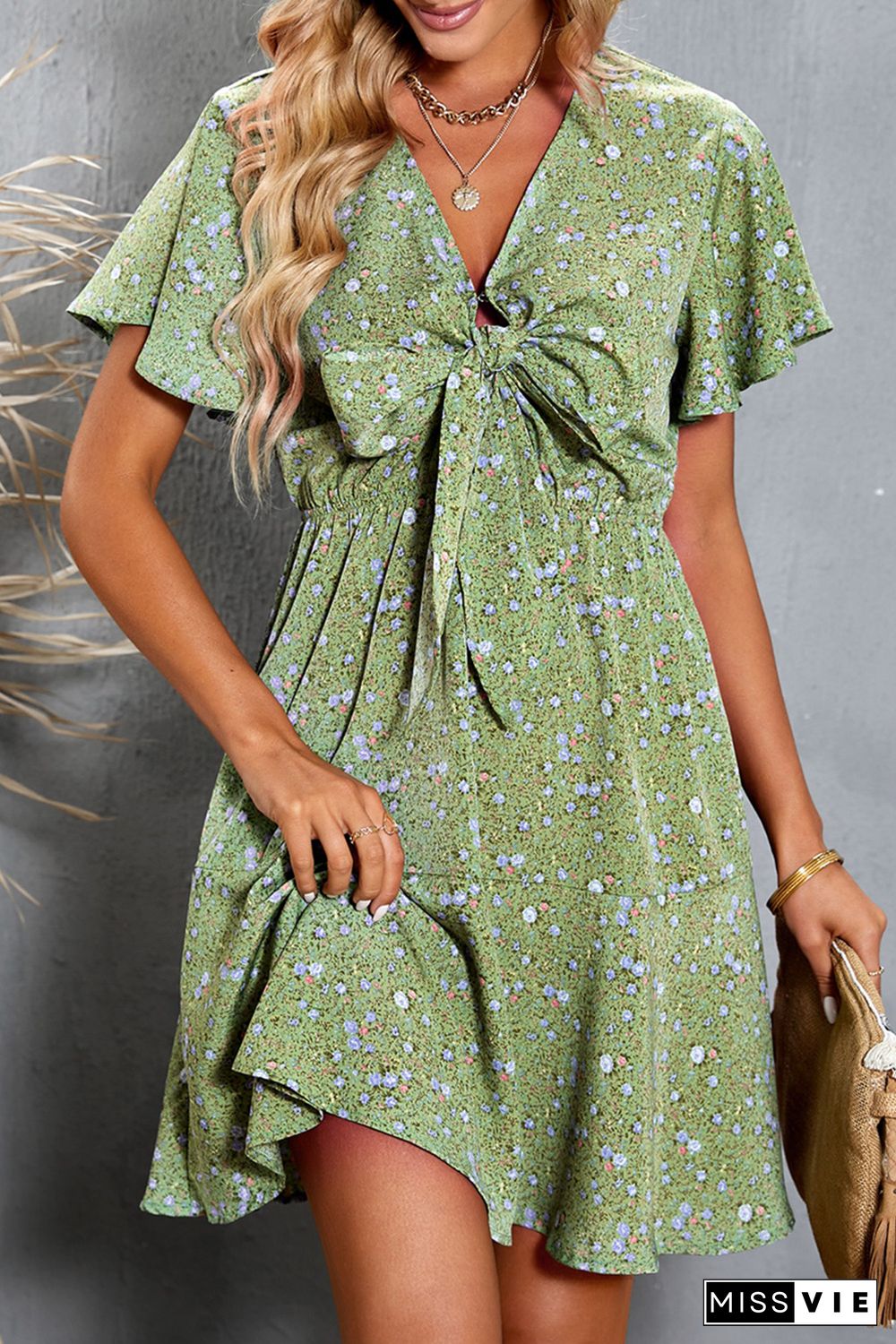 Geen Floral Print Tie Knot Ruffled Short Sleeve Mini Dress