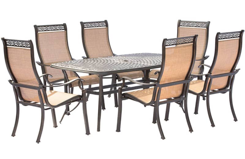 Hanover Manor 7-Piece Outdoor Dining Set In Tan/Bronze With 6 Dining Chairs， 72 x 38 Cast-Top Table