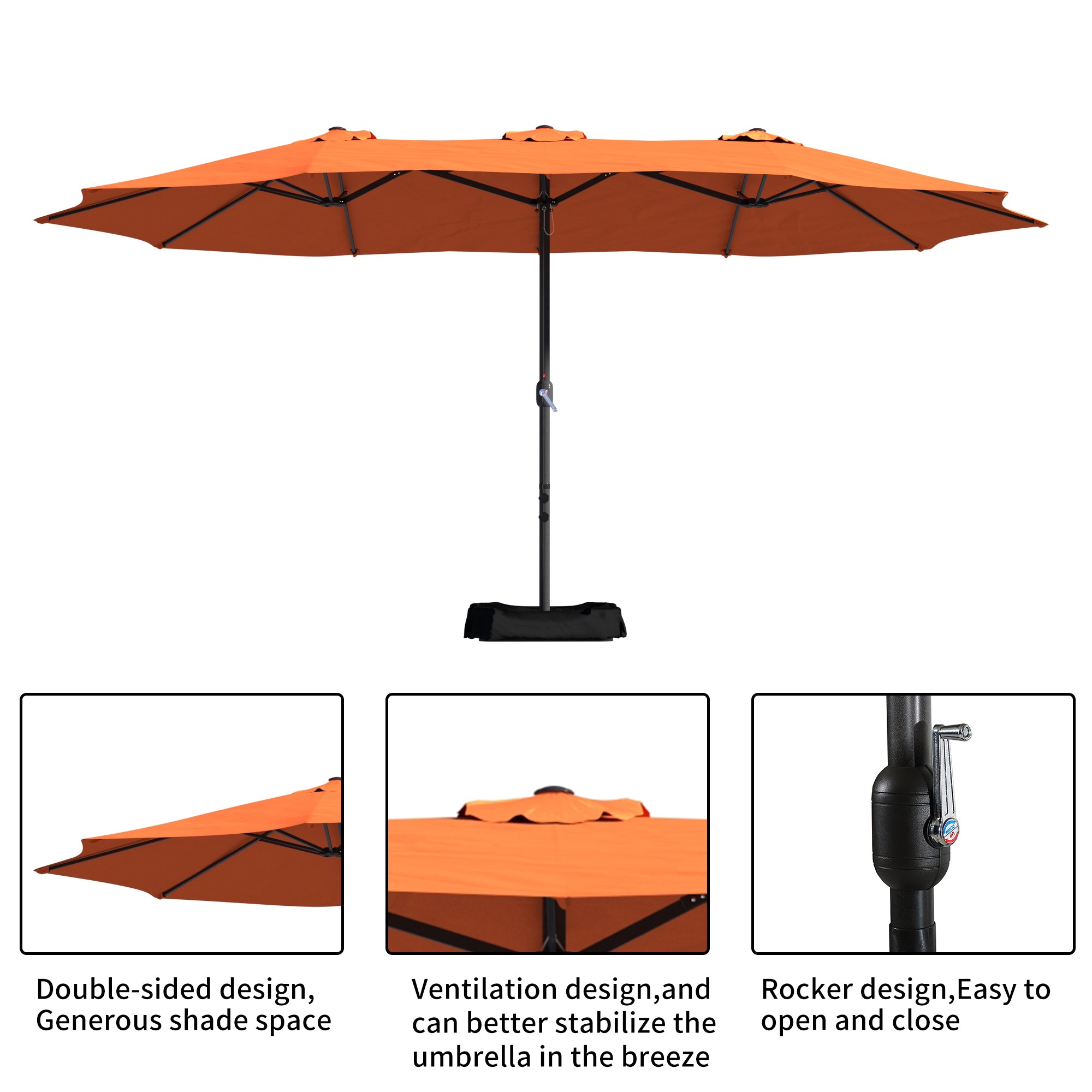 Boyel Living 15ft Double-Sided Patio Market Umbrella with iron Base Large Outdoor Table Umbrella(Orange)