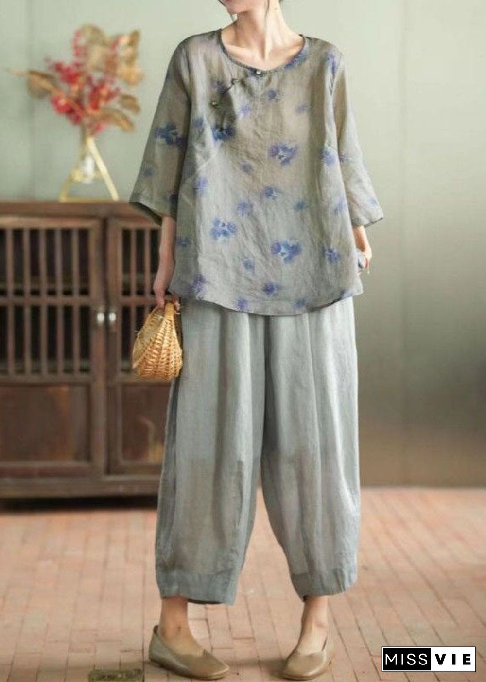 Grey Patchwork Linen Tops And Pants Two Pieces Set O Neck Summer