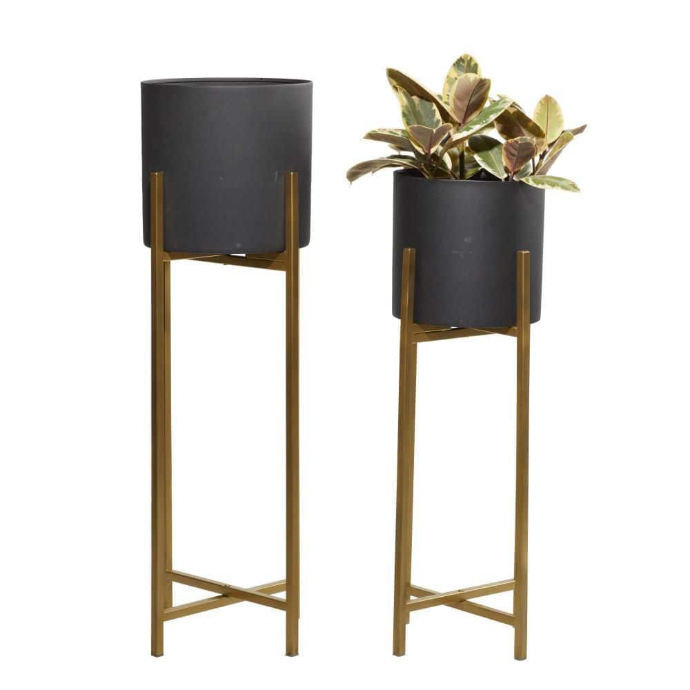 Litton Lane 36in. Extra Large Black Metal Indoor Outdoor Planter with Removable Gold Stand (2- Pack) 51971