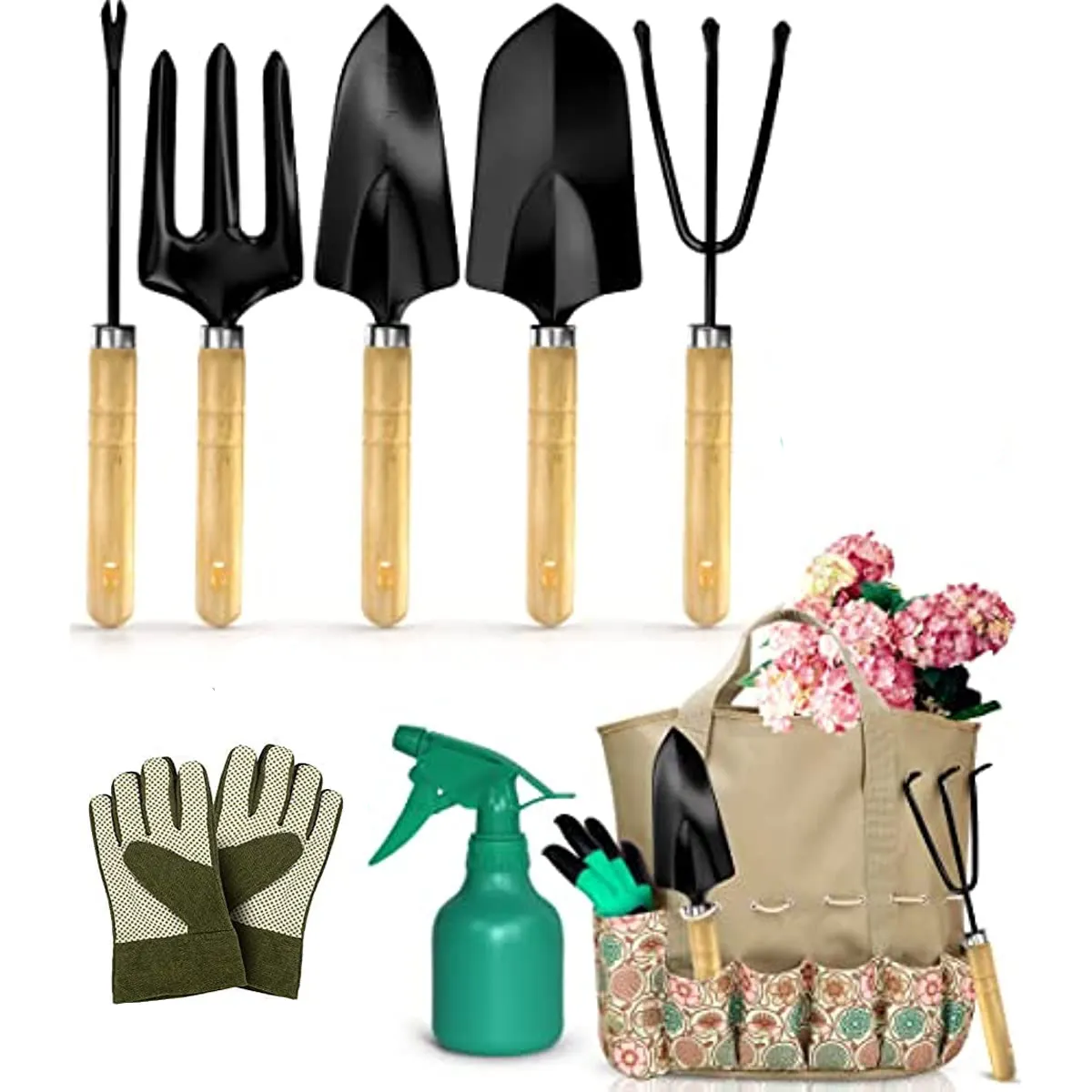 Custom Print Stainless Steel Wooden Handle Garden Tool Sets with Bag