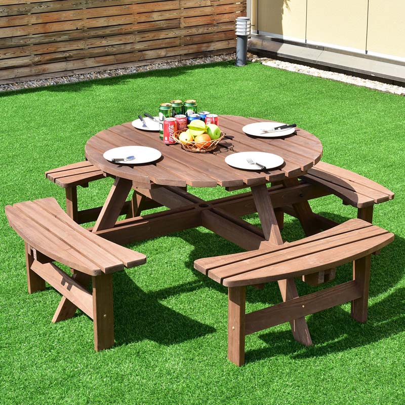 8-Person Outdoor Wooden Round Picnic Dining Table Bench Set with Umbrella Hole & 4 Benches