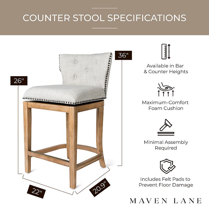 Maven Lane Hugo Counter Stool， Weathered Oak Finish Sand Color Fabric Upholstery