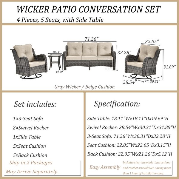 5 Seat Wicker Patio Furniture Conversation Setting with High Back Swivel Rocking Chairs，Cushions Included 🎃