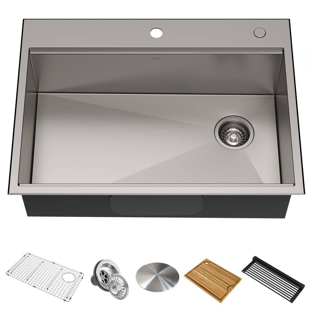 KRAUS Kore Workstation Drop-In Stainless Steel 30 in. Single Bowl Kitchen Bar Sink with Accessories KWT310-30