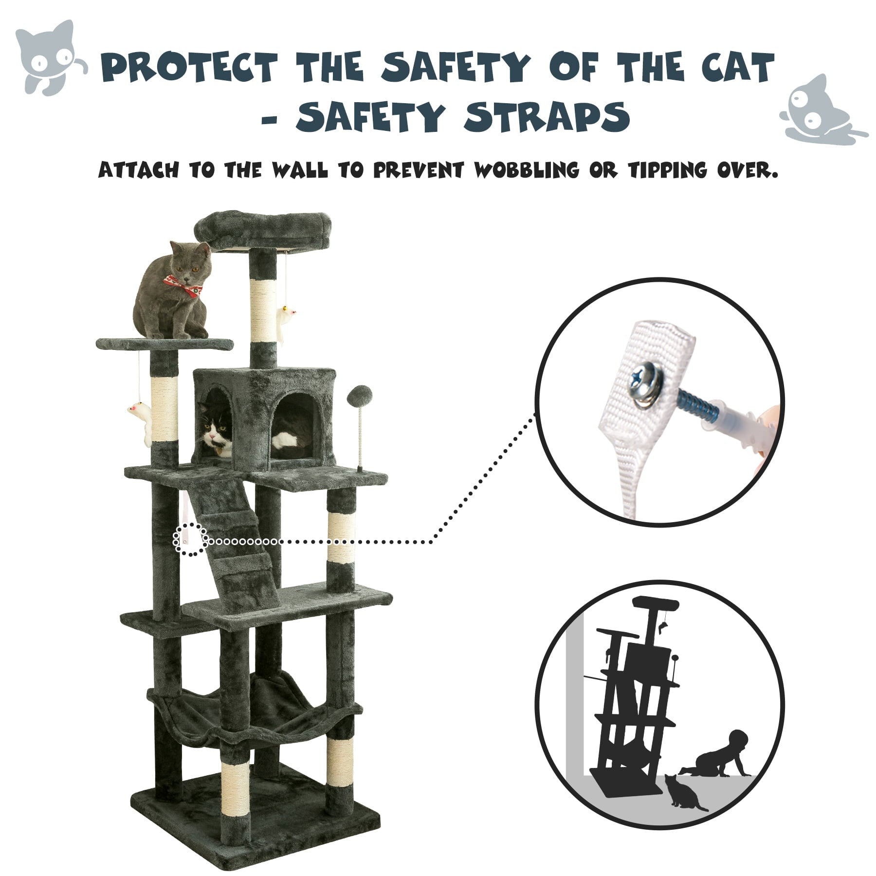 MWPO 63.8-in Cat Tree for Large Cat Tower with Condo and Scratching Post,Dark Gray