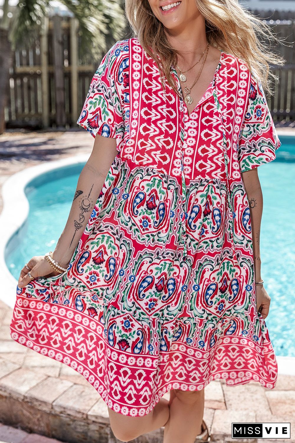 Bohemian Print Tie Neck Ruffle Hem Short Dress