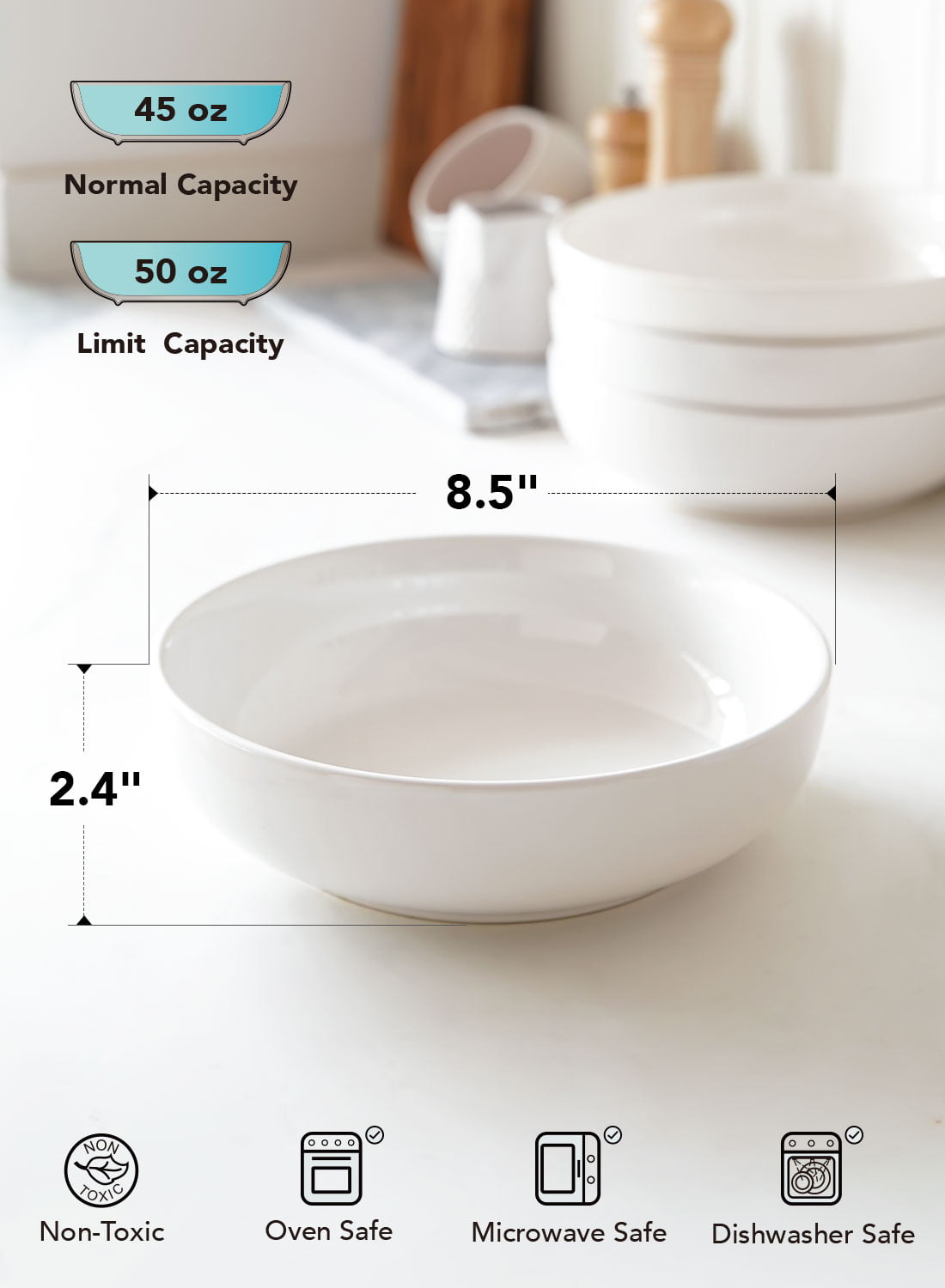 LE TAUCI Large Salad Bowls， 45 Ounce Pasta Bowls and Serving Bowls， Soup Bowl， 8.5 Inch Ceramic Pasta Plates， Set of 4， White