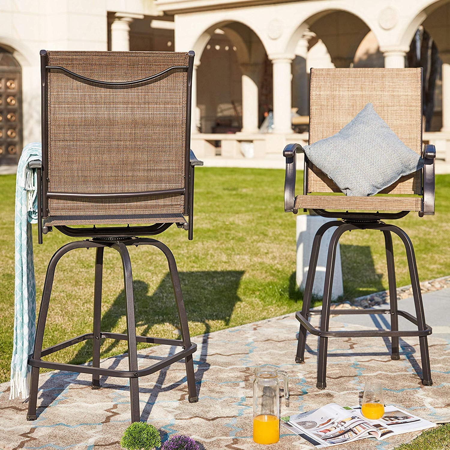 UBesGoo Outdoor 3 Piece Bar Set，Brown Iron Frame Swivel Bar Chairs and Table