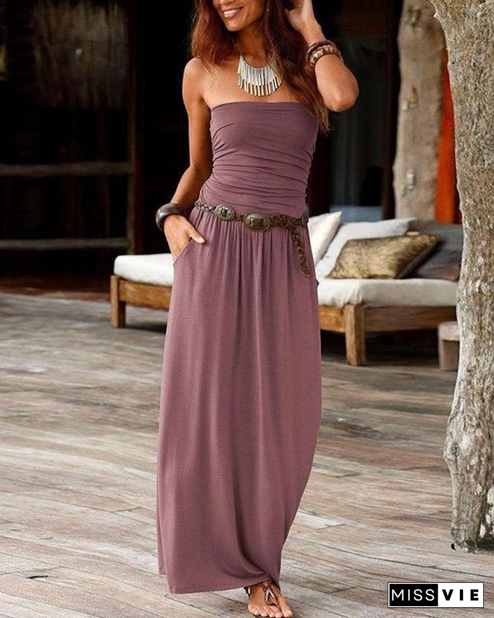 Strapless Solid Elegant Backless Maxi Dress