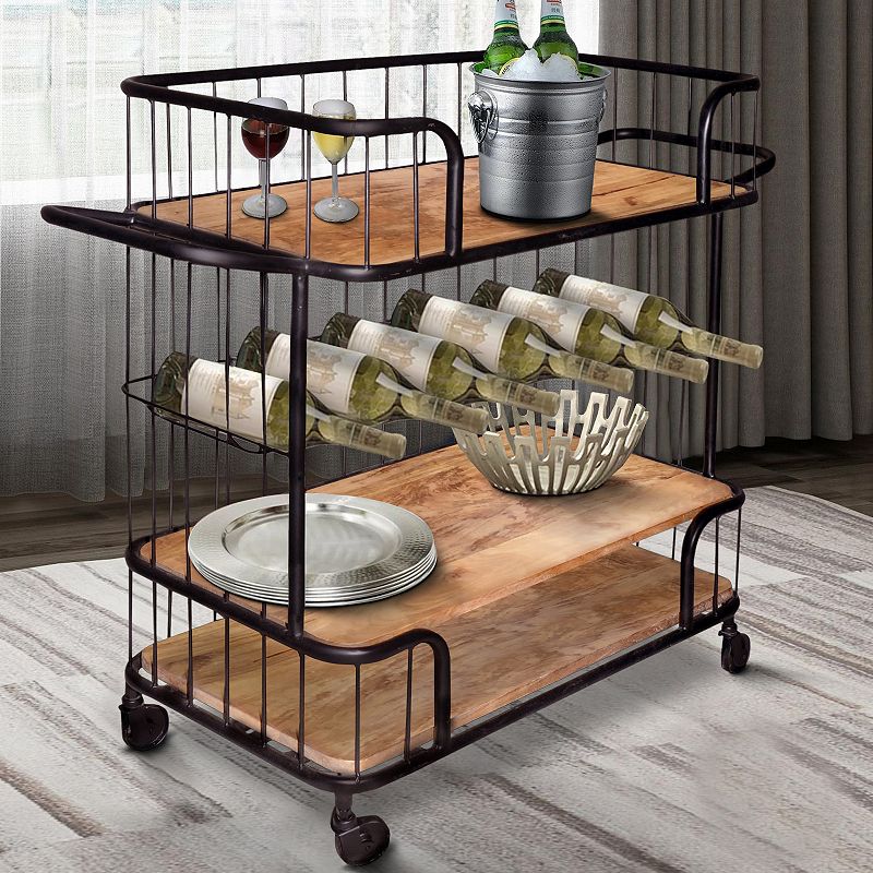 Metal Frame Bar Cart with Wooden Top and 2 Shelves， Black and Brown