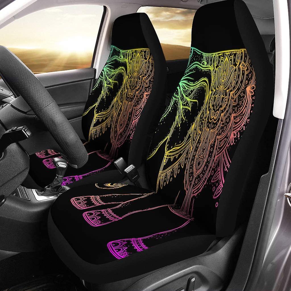 Set Of 2 Car Seat Covers Beautiful Tribal Elephant Over Black Colorful Boho Pattern Universal Auto Front Seats Protector Fits