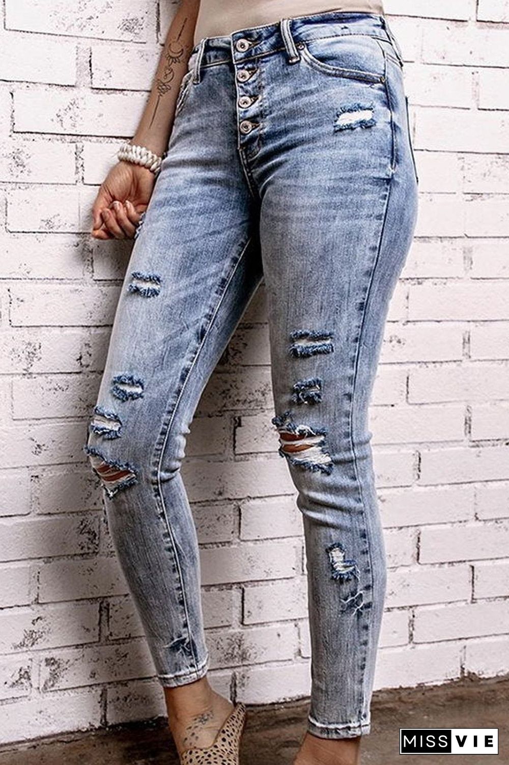 High Waist Denim Ripped Pants