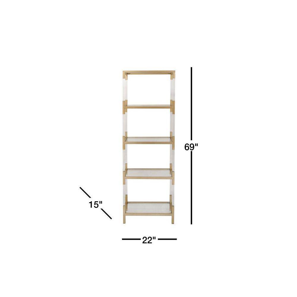 Litton Lane 5 Shelves Acrylic Stationary Gold Shelving Unit with Clear Glass Top and Acrylic Legs 56936