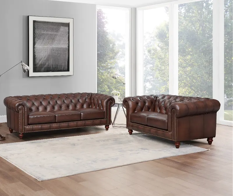 Lanchester Brown Leather Sofa and Loveseat Set