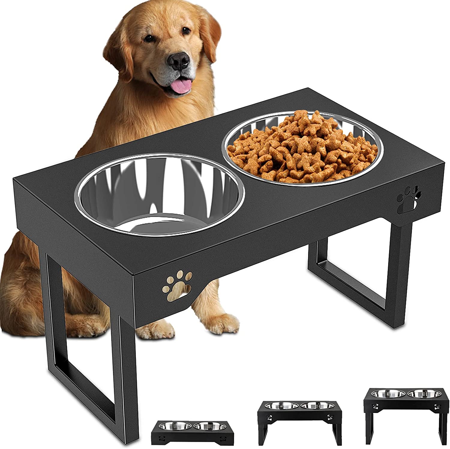 FORDOG Elevated Dog Bowls, Stainless Steel Raised Dog Bowls Adjustable to 3 Heights, 2.75", 7.5", 10.5'', for Medium & Large Sized Dogs, with 2 Stainless Steel Dog Bowls for Food & Water