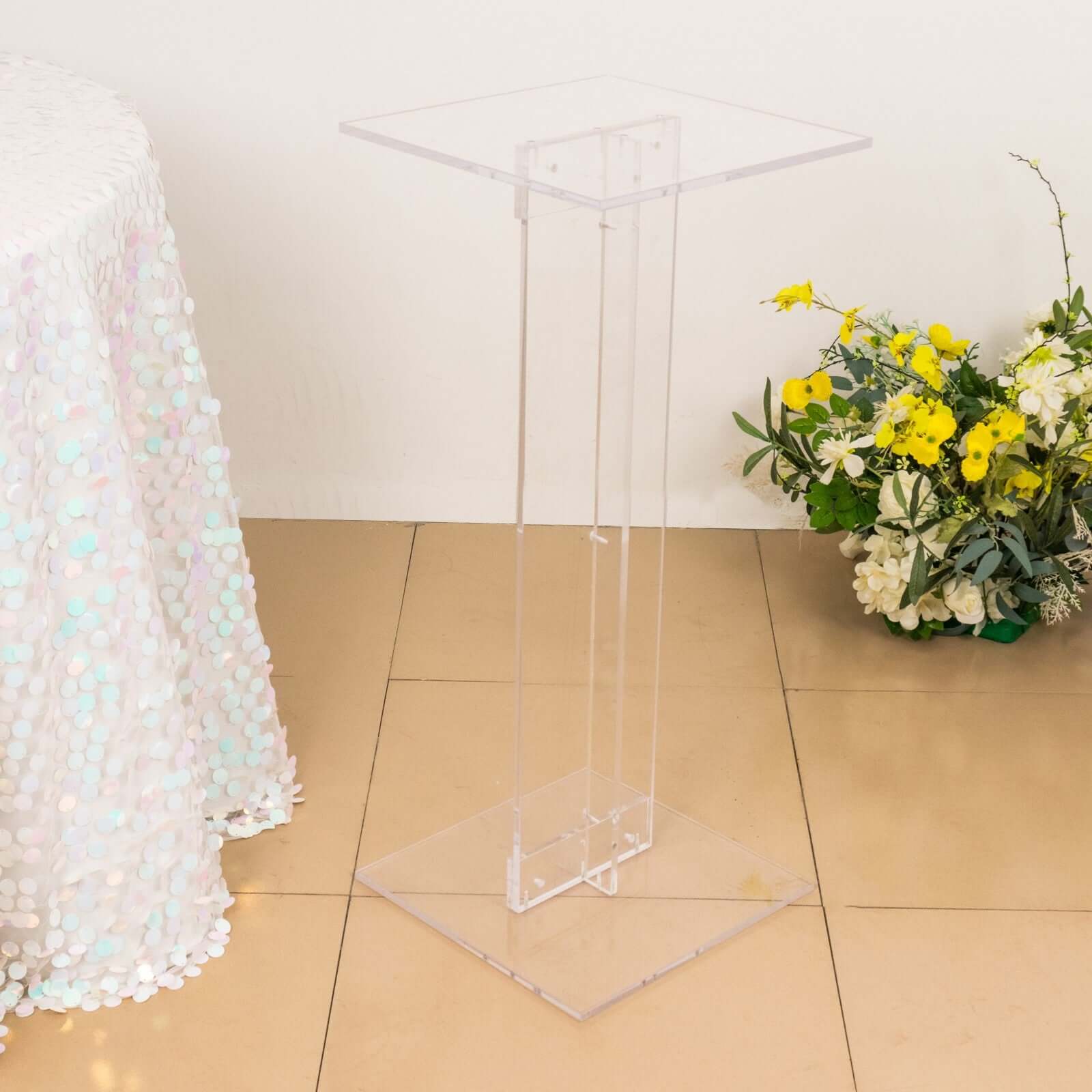 Heavy Duty Acrylic Wedding Display Stand with Square Bases, Clear Plexiglass Flower Pedestal Stand 10mm Thick Plate 32