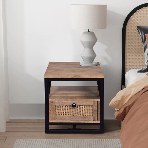 18 Inch Nightstand End Table， 1 Drawer， Open Storage， Natural Brown Mango Wood with a Rectangular Black Iron Frame