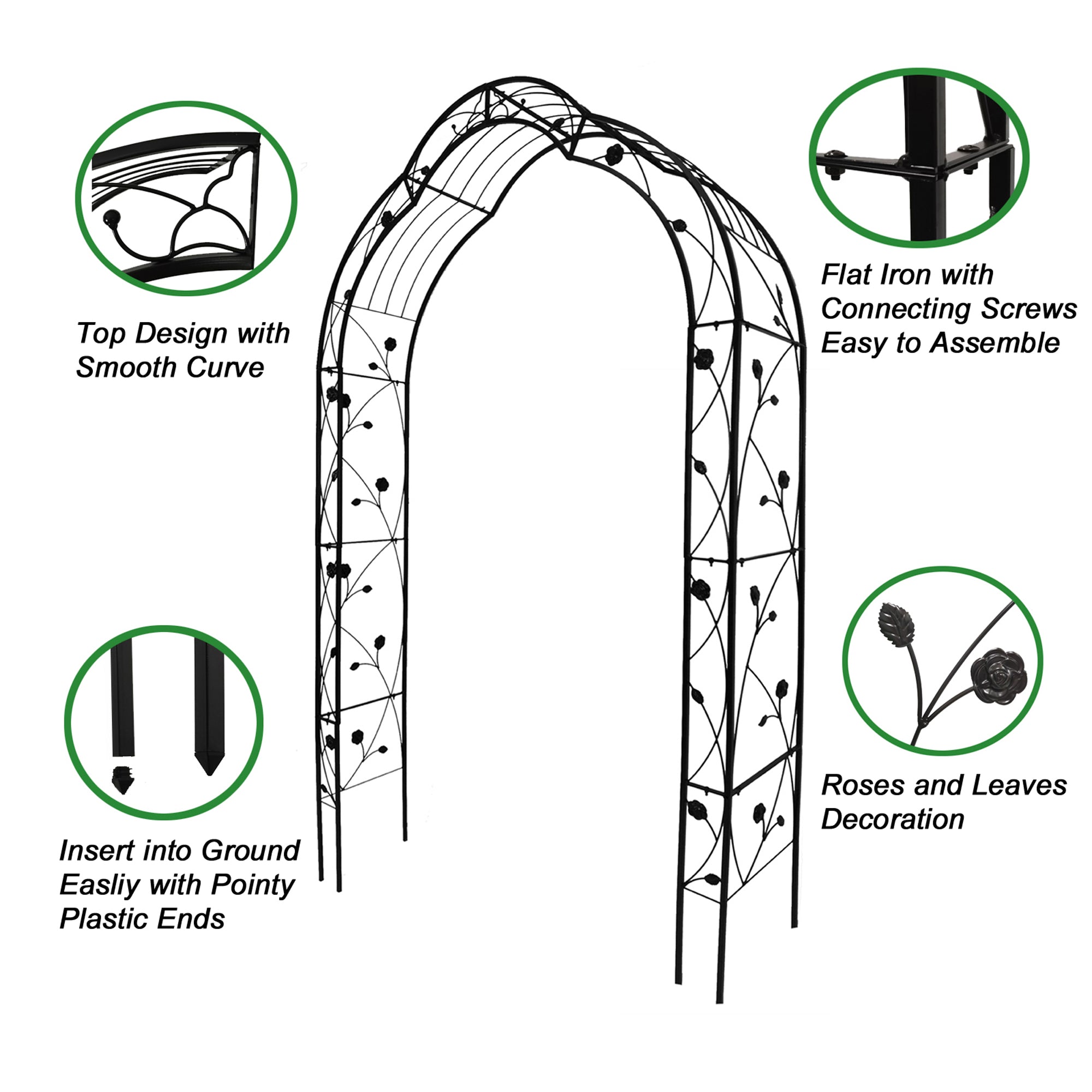 Garden Arch Trellis with Ground Stakes, Metal Archway for Climbing Plants, Black Yard Lawn Arbors and Trellises, 59