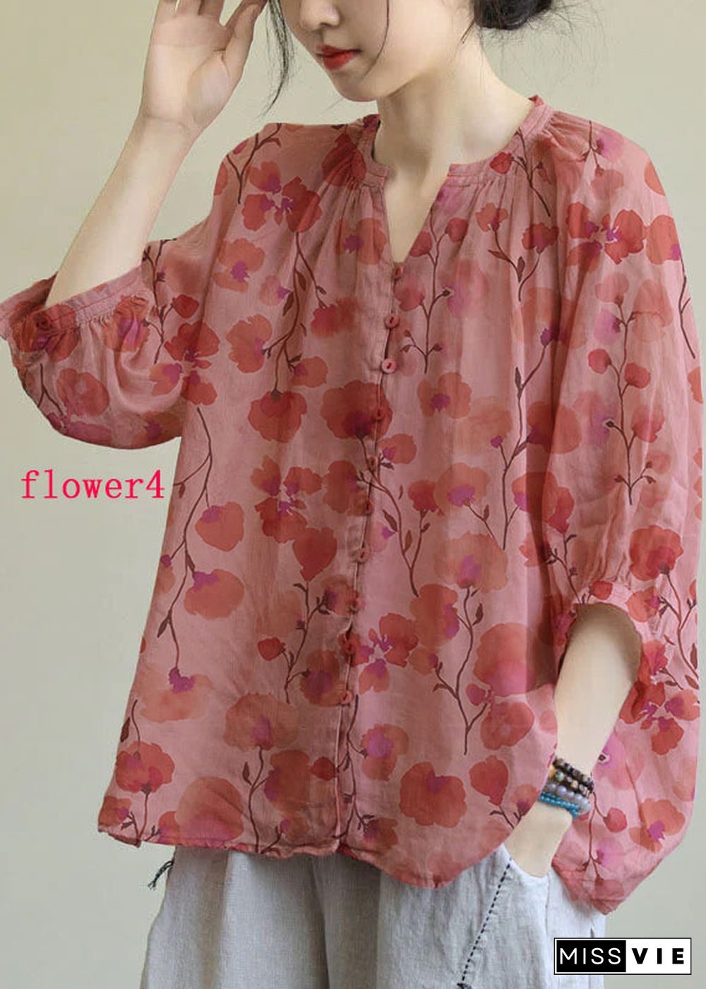 Italian Pink-purple flower V Neck Button Loose Fall Half Sleeve Blouse Top