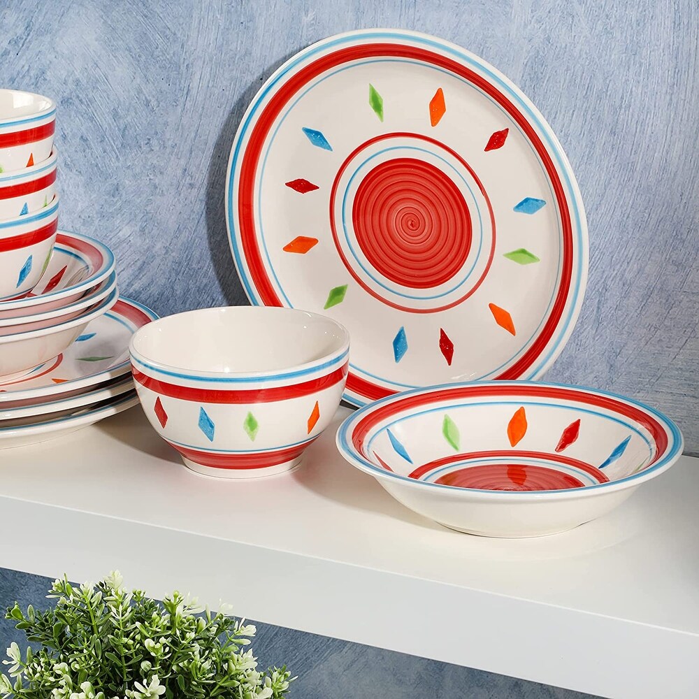 Gibson Home Heidy 12 Piece Hand Painted Durastone Dinnerware Set Red