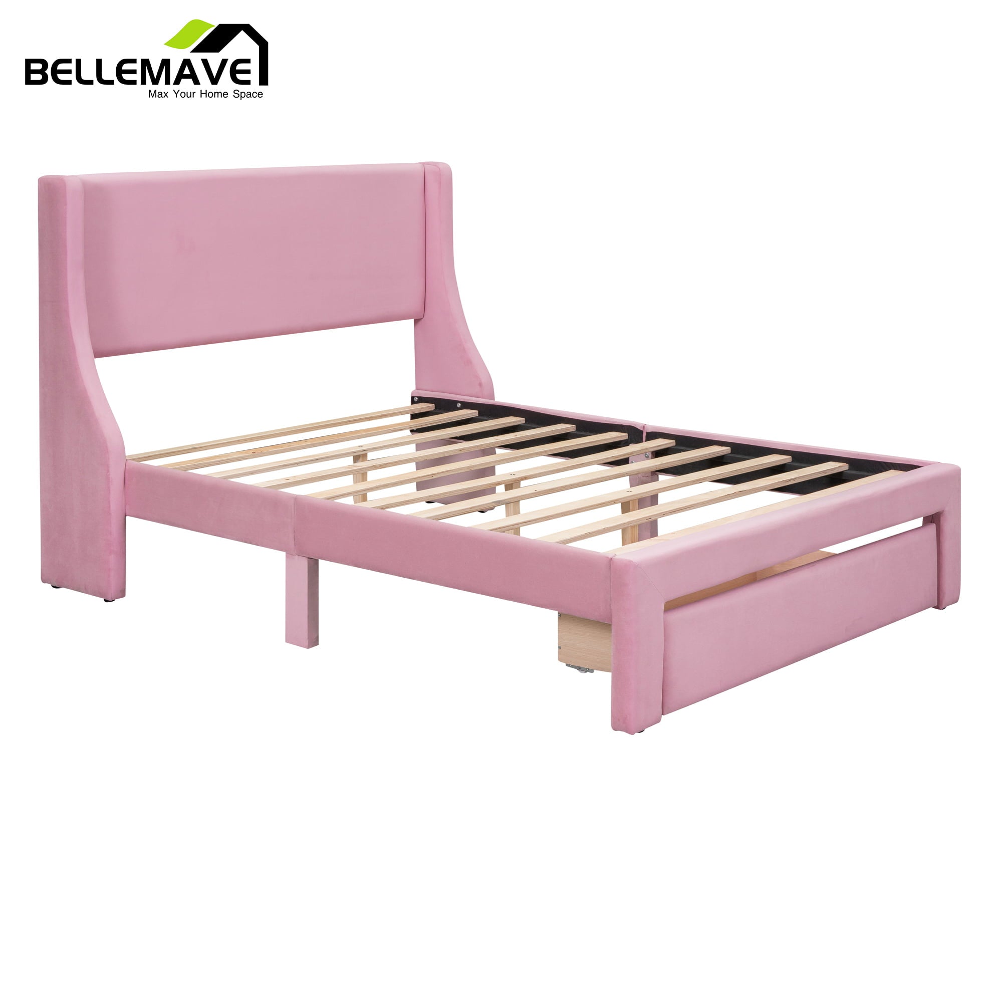 Bellemave Full Size Pink Velvet Upholstered Platform Bed with One Spacious Drawer and Wood Slats, Wood Frame Full Size Paltform Bed for Kids Teen Adults